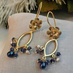Artisan Sterling Silver 22k Gold Vermeil Floral Dangle Earrings E062