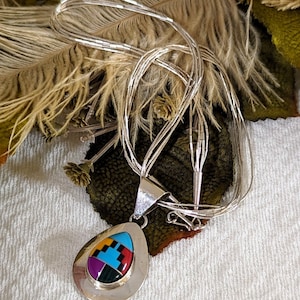 Vintage Navajo Multi Strand Sterling Inlaid Gemstone Necklace N043