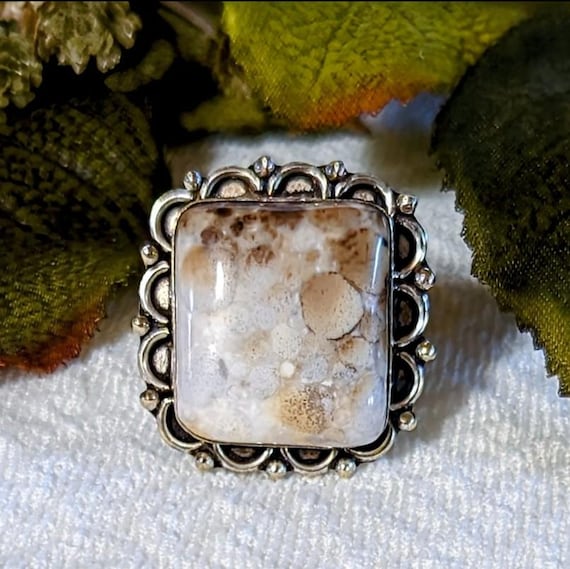 Artisan Crafted Square Silver Plated Brass Spotted Jasper Ring R086