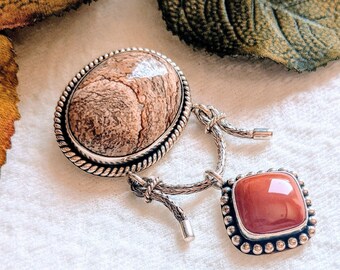 Vintage Artisan Sterling Silver Jasper Carnelian Pendant Pin P079