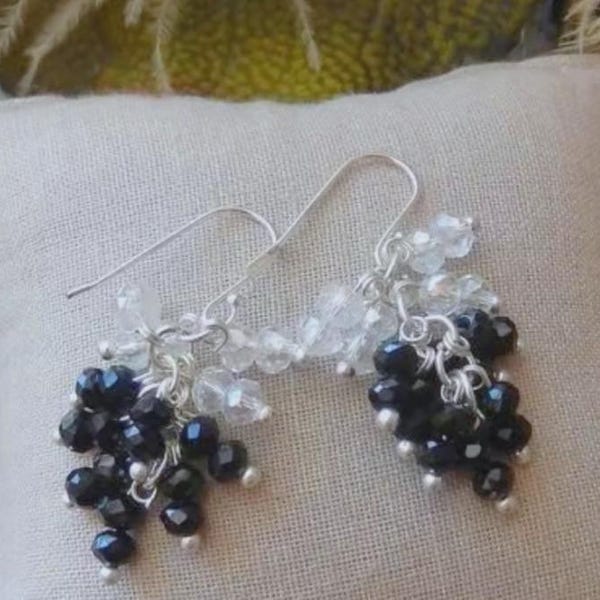 Artisan Sterling Silver Black Clear Crystal Drop Dangle Earrings E058