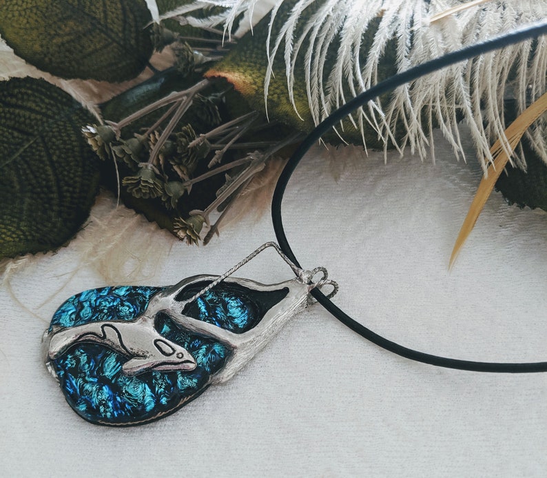 One of a Kind Silver Dichroic Glass Whale Necklace /& Earrings Set