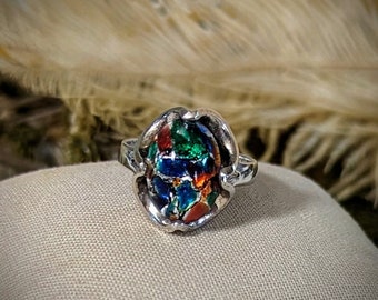 Vintage Mexico Sterling Silver Art Glass Ring R048
