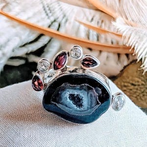 Artisan Sterling Druzy Agate Garnet White Topaz Adjustable Ring R098