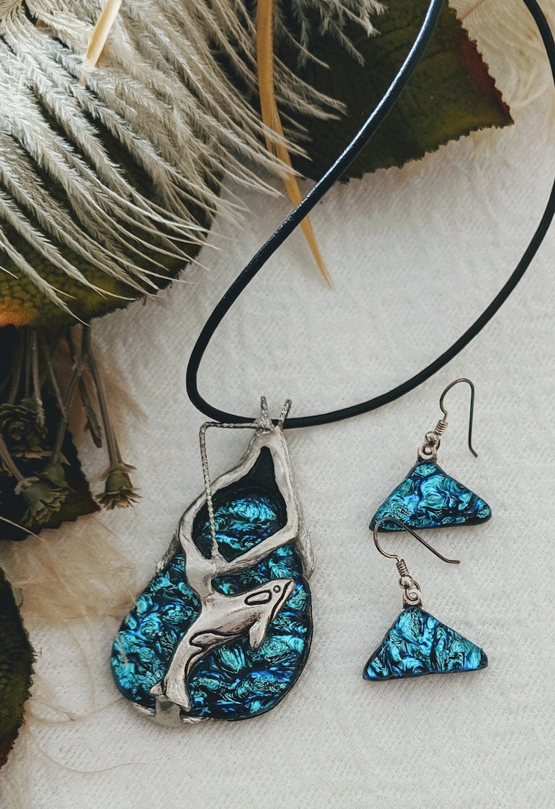 One of a Kind Silver Dichroic Glass Whale Necklace /& Earrings Set