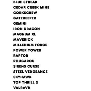 Cedar Point-T-shirt voor ruiters van 48, 52 of 54 inch. Checklist voor spannende rit