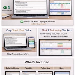 Könnte beinhalten: Digitales Dashboard für Verwaltungsassistenten und virtuelle Assistenten. Das Bild zeigt einen Laptop, ein Tablet und ein Telefon, die Tabellenkalkulationen anzeigen. Der Text enthält "Organisieren Sie Ihren Arbeitstag wie ein Profi!" und "Funktioniert auf Ihrem Laptop und Telefon!"