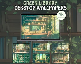 Green library 4k wallpaper lofi wallpapers cat wallpaper anime wallpaper plants wallpapers aesthetic desktop set bundle 4k wallpapers