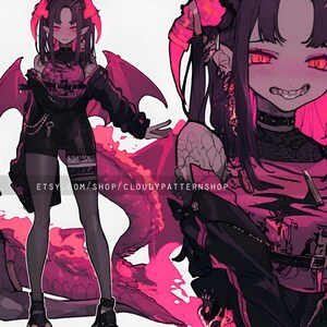 May include: Digital illustration of a character with pink horns, wings, and eyes, wearing a black outfit with a pink top. The character has dark hair and is posed in multiple views. The Etsy shop name "cloudypatternshop" is visible.