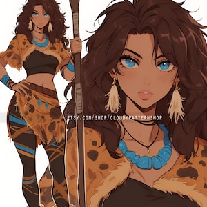 May include: Digital illustration of a woman in a tribal outfit. She wears a black crop top, leggings with blue accents, and a leopard-print jacket. Accessories include a blue beaded necklace and feather earrings. She holds a wooden staff.