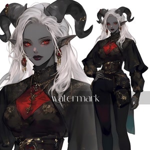 May include: A digital illustration of a female character with gray skin, white hair, and black horns. She is wearing a black and red outfit with gold accents and a black cape. The character is standing with one hand on her hip and the other holding a sword.