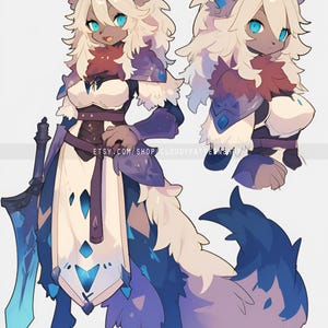 May include: Digital illustration of a wolf-like character in a fantasy outfit. The character has blue and white fur, blue eyes, and is holding a blue sword. The character is wearing a white and blue dress with armor.