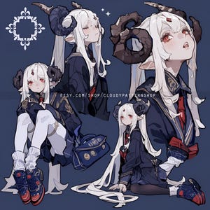 May include: Digital illustration of an anime-style character with white hair, red eyes, and dark horns. The character wears a dark blue uniform with red accents and white stockings. The image includes the text "ETSY.COM/SHOP/CLOUDYPATTERNSHOP".