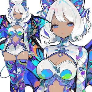 May include: An anime-style illustration of a character with white hair, blue eyes, and a white and blue outfit. The character has bat-like wings and ears, with a colorful, iridescent design. The image has the text "ETSY.COM/SHOP/CLOUDYPATTERNSHOP".