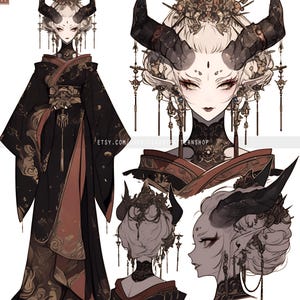 Puede incluir: Ilustración digital de un personaje de fantasía con piel pálida, cuernos negros y un tocado elaborado. El personaje viste un kimono negro con detalles dorados y rojos. Múltiples vistas muestran el diseño del personaje, incluyendo un perfil lateral y un primer plano de la cara.