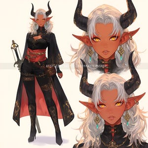May include: Digital illustration of a character with tan skin, white hair, and large black horns. The character wears a black outfit with gold accents and a red sash. A sword is held at the side. The image includes the text "ETSY.COM/SHOP/CLOUDYPATTERNSHOP".