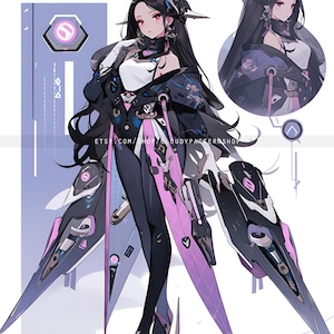 May include: Digital illustration of a woman in a futuristic outfit. The character has long black hair, pink eyes, and is wearing a white top, black leggings, and a dark jacket with pink accents. The image includes text that reads "ETS.COM/SHOP/CLOUDYPATTERN SHOP".