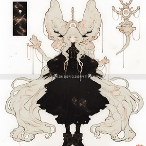 May include: An illustration of a figure with long, flowing white hair and a black dress. The figure has large, ornate wings and is adorned with delicate details. The artwork has a celestial theme, with a small panel featuring a starry design. The text reads: ETSY.COM/SHOP/CLOUDYPATTERNSHOP.