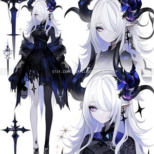May include: Digital illustration of a character with long white hair, purple eyes, and dark horns. The character wears a black dress with intricate details and accessories. The image includes a sword and cross-shaped objects.