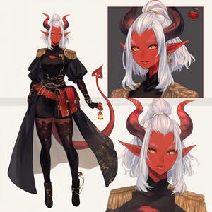 May include: Digital illustration of a female demon character with red skin, white hair, and large red horns. She wears a black outfit with gold accents, a red belt, and a matching satchel. A red tail and a small lantern complete the look.