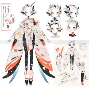 May include: Digital art illustration of a character design with a white and orange patterned cloak, black leggings, and white boots. The character has a unique headpiece and multiple variations are shown. Text in the image includes "ETS.COM/SHOP/LOUKYLUNASHOP".