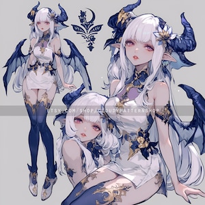 May include: A digital illustration of a white-haired character with blue and gold accents. The character has horns, wings, and a white dress with gold and blue details. The character is depicted in multiple poses.