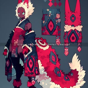 May include: A digital illustration of a red and white furry creature with a long tail. The creature is wearing a black and red kimono with a floral pattern. The creature has red eyes and white fur around its head. The image includes a color palette with various shades of red, white, and black.