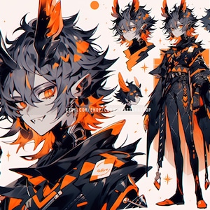 Könnte beinhalten: Digitale Illustration eines Charakters mit schwarzen und orangefarbenen Haaren und Hörnern, orangefarbenen Augen und scharfen Zähnen. Der Charakter trägt ein schwarzes Outfit mit orangefarbenen Akzenten. Zusätzliche Kopfaufnahmen und eine Ganzkörperpose sind ebenfalls abgebildet.