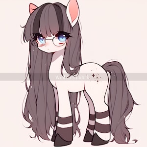 May include: A white pony with black and white striped socks and a long black mane and tail. The pony has blue eyes and is wearing round glasses. The pony has a black star pattern on its side.
