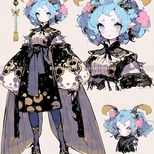 Op de afbeelding: Illustratie van een personage met blauw haar, roze bloemen en bruine antennes. Het personage draagt een zwart-wit patroon gewaad met een lange, vloeiende cape. De afbeelding bevat de tekst "etsy.com/shop/cloudypatternshop".