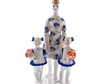 Mother and Children – Porcelain Figurine, Ukrainian Ceramic Art, 1957 Sculpture