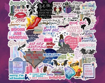 Op de afbeelding: Een verzameling kleurrijke stickers met verschillende thema's over boeken. De stickers bevatten zinnen als "Boeken zijn magisch", "Dark Romance Reader" en "Good Girl". De stickers zijn ontworpen voor boekenliefhebbers en lezers.
