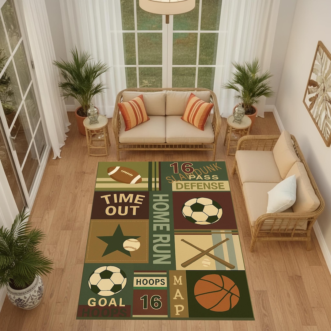 Neutral Sports Rug Retro Sports Collage Rug – Vintage Football Soccer Baseball Basketball ...