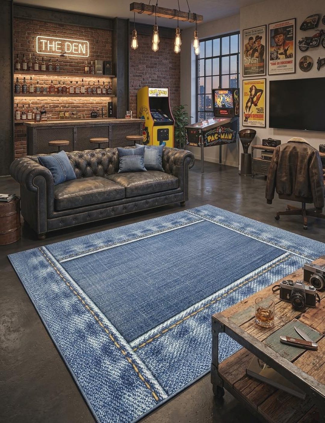 Denim Style Area Rug, Blue Jeans Pattern Rugs for Man Cave