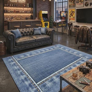 Alfombra estilo mezclilla, alfombras con estampado de jeans azules para cueva de hombre, decoración industrial, alfombra de imitación de mezclilla desgastada, alfombra para habitación de adolescente, regalo único para él.