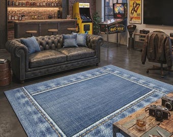 Alfombra estilo mezclilla, alfombras con estampado de jeans azules para cueva de hombre, decoración industrial, alfombra de imitación de mezclilla desgastada, alfombra para habitación de adolescente, regalo único para él.