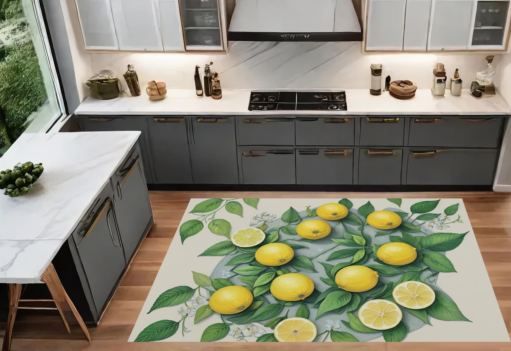 Lemon patterned kitchen rug, fresh fruit, citrus fruits, halved lemons, cut half fresh lemons lined up on top of each other,gift rug