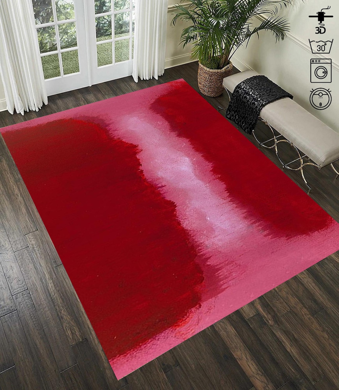 Abstract Rothko Style Rug, Modern Minimalist Art Carpet, Red Pink White ...