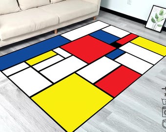 Modern Geometric Arts, Mondrian Inspired Color Block Rug,Abstract Red Blue Yellow Area Rug,Minimalist Living Room Decor,Bauhaus Style Carpet