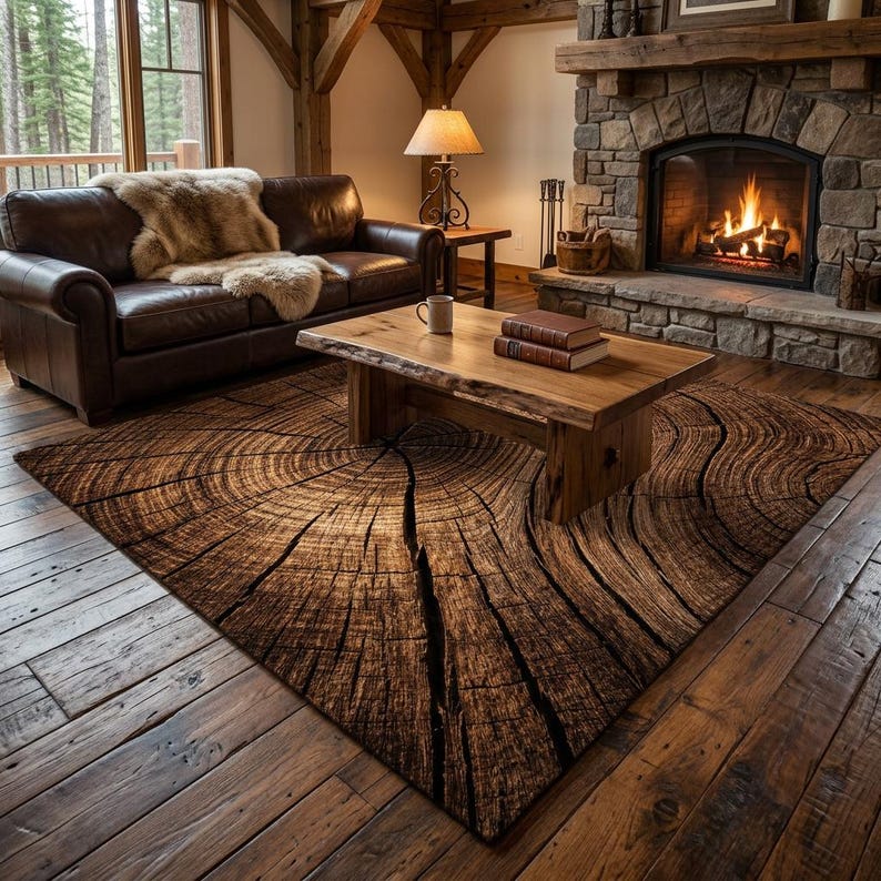 Rustic Tree Ring Rug, Wood Log Pattern Carpet, Natural Brown Beige Area ...