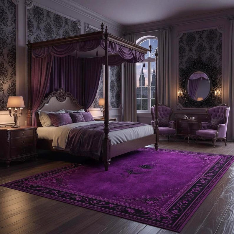 Draped Rug Images Purple Vintage Floral Area Rug, Gothic Victorian Style Carpet, Dark ...