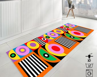 70s Retro Geometric Runner Rug: Mid Century Modern Colorful Hallway Mat