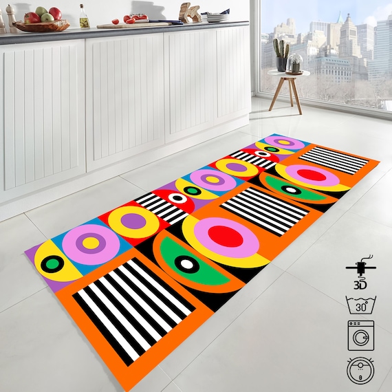 70er Jahre Retro Teppichläufer mit geometrischem Muster: Mid Century Modern Bunt / Flurteppich