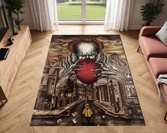 May include: A rectangular area rug featuring a detailed illustration of a horror movie scene. The rug depicts a menacing clown holding a red balloon, with a child in a yellow raincoat standing in a street scene. The color palette includes shades of brown, gray, and red.