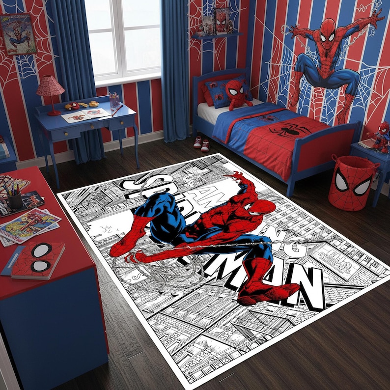 Spider-man Comic Style Kids Rug,superhero Bedroom Decor,cartoon Action ...