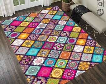 Floral Rug, Ethnic Rug,Mandala Rug,Geometric Pattern Rug, Colorful Floral Rug,Colorful Mandala Patterned, Popular Rug, Kitchen Rug