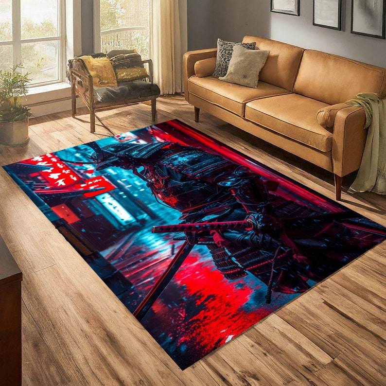May include: A colorful area rug with a samurai warrior design. The rug features a dark blue and black samurai warrior with a red and blue background. The rug has a modern, abstract design.