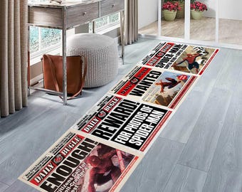 May include: A rectangular rug with a comic book theme, displaying the words "DAILY BUGLE," "ENOUGH!," "WANTED," and "REWARD!" in bold text. The rug also features images of Spider-Man. The rug has a cream background with red and black detailing.