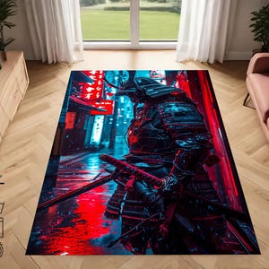 May include: A colorful rug with a samurai warrior standing in a neon-lit city street. The warrior is wearing a black and blue suit of armor and holding a sword. The rug has a red and blue color scheme with a black background.