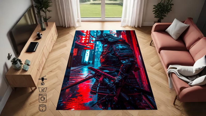 May include: A colorful rug with a samurai warrior standing in a neon-lit city street. The warrior is wearing a black and blue suit of armor and holding a sword. The rug has a red and blue color scheme with a black background.